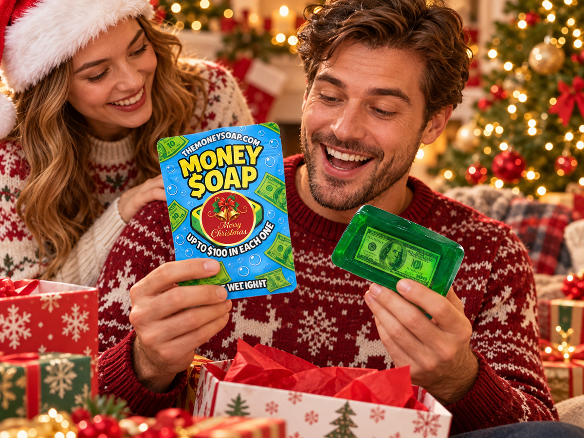 Woman giving man a Merry Christmas money soap bar as a gift