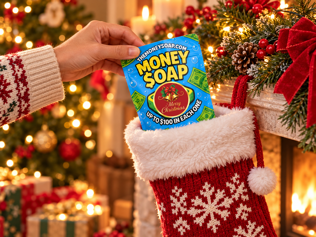 Merry Christmas money soap bar in a stocking.