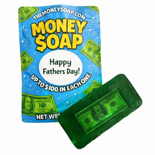 Money-themed soap with packaging labeled 'Money Soap' and 'Happy Fathers Day!'.