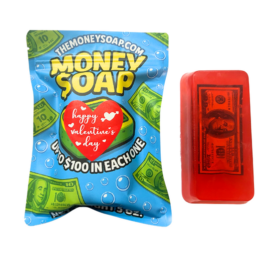 Money-themed soap packaging with a red soap bar featuring dollar bill design on a white background