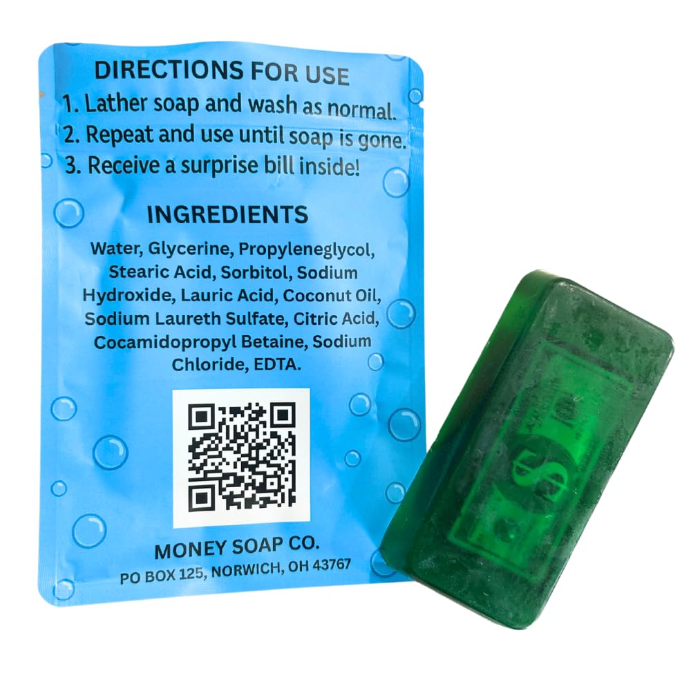 Green soap bar with a blue label containing directions and ingredients on a white background money soap