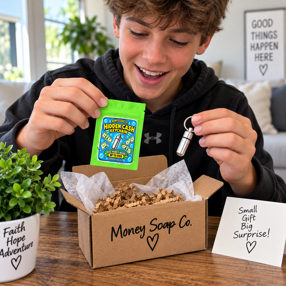 boy unboxing hidden cash money soap keychain