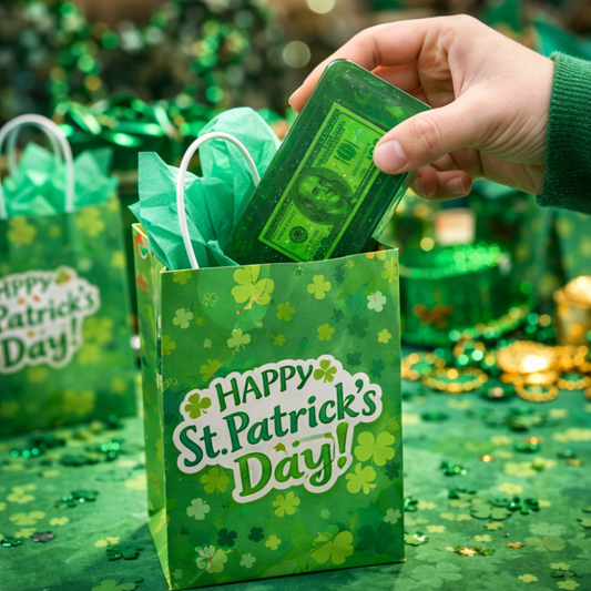 Green St. Patrick's Day gift bag with shamrock pattern, filled with green money soap
