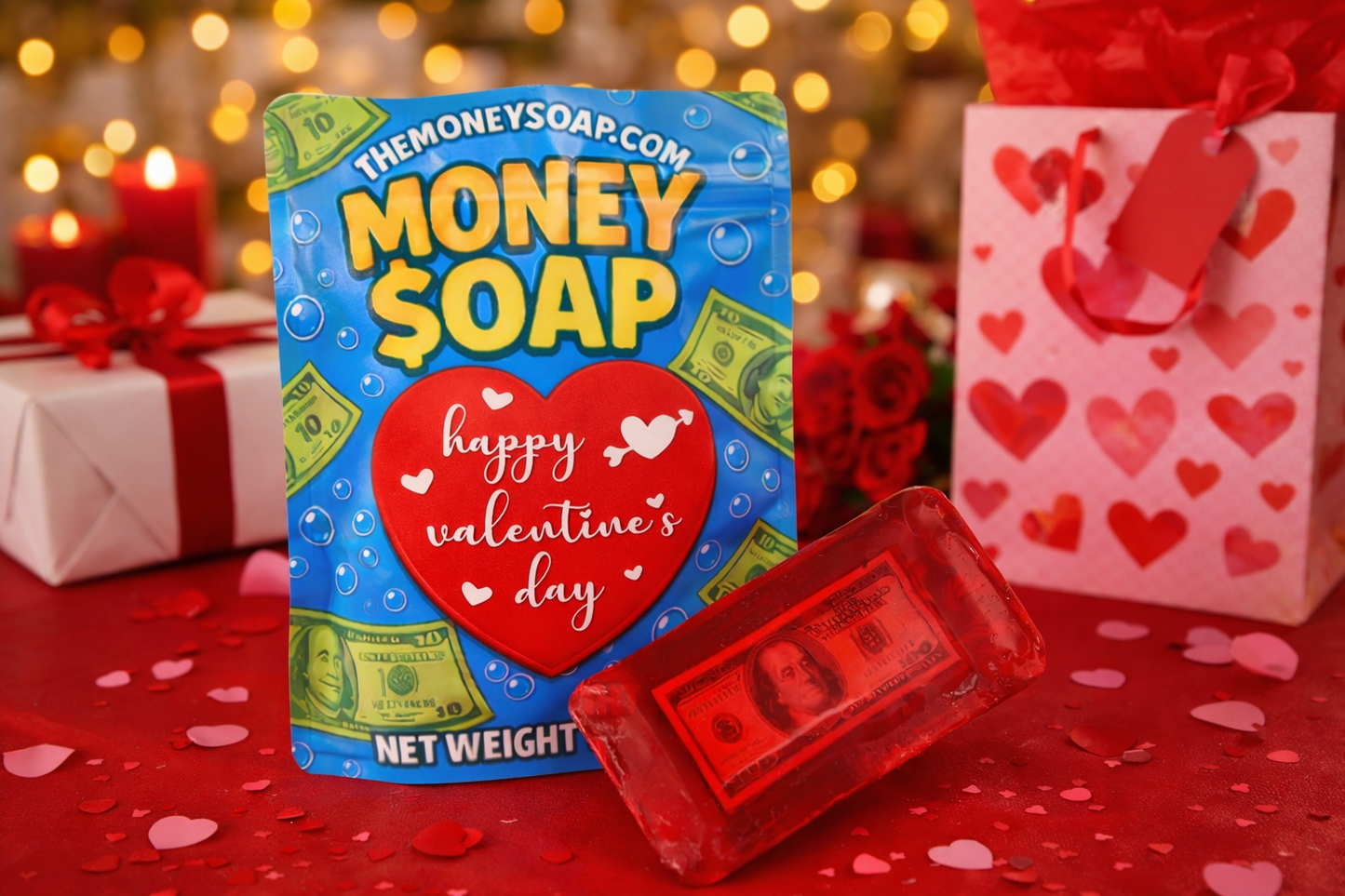 Red Happy Valentine's Day Money Soap Bar with Real Cash Inside – 5 oz Gift